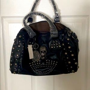 NWT Black Leather Satchel with Crystal skull